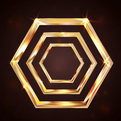 Bright golden hexagon on a dark background. Luxury vector illustration. Easy to edit design template for your business projects.