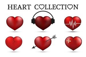 Red heart collections. Set of six realistic hearts isolated on white background. 3d icons. Valentine s day vector illustration. Love story symbol. Easy to edit design template.