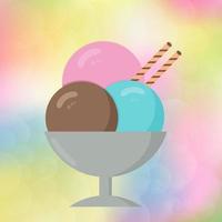 Three balls of ice cream in a cup on a colorful blurred bokeh background. Cartoon icecream in flat style. Concept of summer desserts and kids celebration.  Italian Gelato Vector illustration.