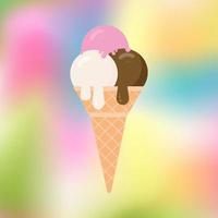 Ice cream on a blurred colorful background. Cartoon icecream cone  in flat style. Concept of desserts. Summer vector illustration. Italian Gelato.