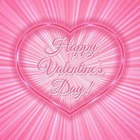 Happy Valentine s day Pink retro greeting card with neon heart on shiny rays background. Romantic vector illustration. Easy to edit design template.