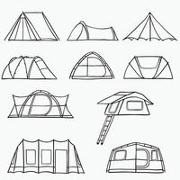 camping tent outline doodle drawing on white background. vector