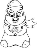 Coloring page. Cartoon cute penguin sitting with a cup of hot tea vector