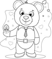 Coloring page. Happy and in love cartoon teddy bear holding ring vector