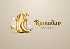 Realistic Islamic Ramadan greetings with golden crescent, star, and Arabic lantern. Luxury Ramadan Kareem background vector