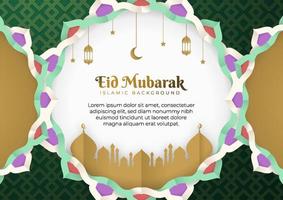 fondo de tarjeta de felicitación de diseño vectorial eid mubarak. ilustración de eid al fitr en un estilo de corte de papel con mezquita, media luna, linterna, adorno arabesco. adecuado para plantillas de celebración islámica. vector