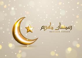 Realistic three-dimensional Ramadan Kareem illustration with Arabic calligraphy, falling blurred particles, and golden crescent vector