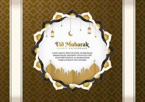 Eid Mubarak vector design greeting card background. Eid al Fitr illustration in a paper-cut style with mosque, crescent, lantern, Arabesque ornament. Suitable for Islamic celebration templates.