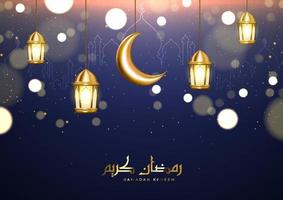 Beautiful Ramadan Kareem background with Arabic calligraphy and falling glitter particles. Islamic elements hanging on a dark background vector