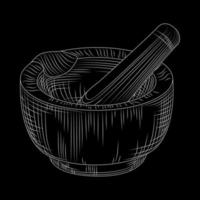 Hand drawn mortar and pestle on blackboard. Grinding spices and solid food ingredients. vector