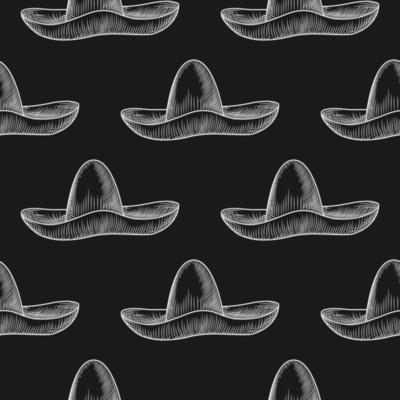 Hand drawn sombrero hat seamless pattern on blackboard.