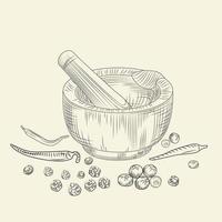 Mortar and pestle concept. Pepper set. Grinding spices and food ingredients. vector