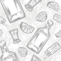 Set for tequila seamless pattern. Shot glass and bottle tequila, salt, lime and agave. vector