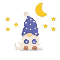 Cute Sleepy Gnome at Night under the Moon and Stars vector