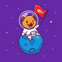 astronauta de gato lindo sentado en la luna con ilustración de icono de vector de dibujos animados de bandera de pescado de hueso. concepto de icono de tecnología animal vector premium aislado. estilo de dibujos animados plana.