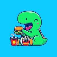 lindo dinosaurio comiendo hamburguesa, papas fritas y bebida caricatura vector icono ilustración. concepto de icono de comida animal vector premium aislado. estilo de dibujos animados plana.