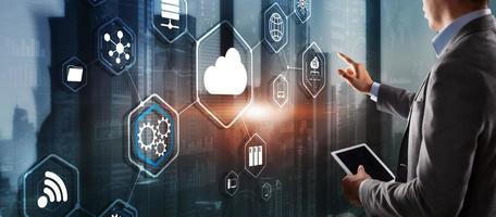 Futuristic Display. Cloud computing touchscreen interface business man finger touch cloud photo