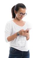 beauty Woman using a mobile phone isolated on a white background photo