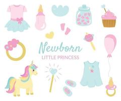 Baby shower is a set of elements for the holiday of a newborn little princess. Dress, unicorn, booties, cake, rattle. Vector illustration in delicate pastel colors, for design and decor.
