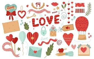Set of romantic elements for Valentine's Day. Letter, heart, balloon, lips, gift, lock, rose, hand. Vector illustration in cartoon style for holiday decoration, design or decor on February 14.