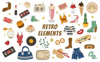 Retro set of elements of the 60-70s. Cocktail, T-shirt, sneakers, ticket, record, rainbow, hat, perfume, belt, neckerchief, bracelets, gold stars, cassettes. Vector vintage collection of themed items.