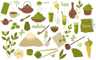 Matcha powder green tea set of elements. Teapot, cup, bamboo spoon, whisk, strainer, sweets and drinks. Vector illustration isolated. For postcard, design decor