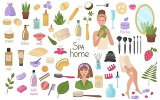 Home spa, a large set for face and body. Girls, towels, cosmetics, dried flowers, skin care cream. Candle, brush, oil, lotion in jars and tubes. Vector illustration isolated.