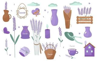 Lavender flowers is a collection of romantic elements in the style of Provence. Vector illustration isolated. For design, printing on paper or fabric