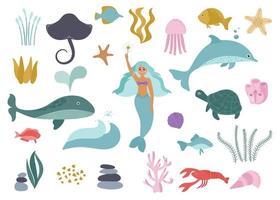 Marine collection. Underwater world of cute inhabitants, mermaid, dolphin, whale, turtle, jellyfish, corals, algae stones, sand, shells, starfish, stingray, crayfish. Vector illustration, isolated.