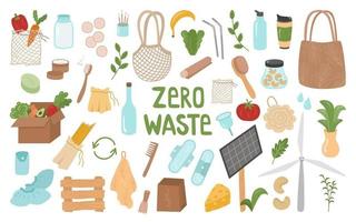 Zero waste is a large set of elements for the concept of reusable things and recycling. Eco bags for food, vegetables, washcloth, water bottle, bag, thermocup, shoe covers. Vector illustration.
