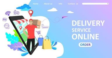 Delivery concept. Man Delivering Online with Grocery order from smart phone. Shopping on social networks through phone flat design style. Vector illustration.