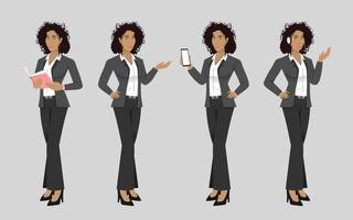 Elegant business woman with afro hairstyle in different poses isolated vector illustration