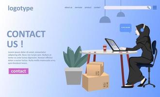 contáctenos concepto de ilustración de vector plano con operadora musulmana, puede usarse para páginas de inicio, ui, web, tarjetas de introducción de aplicaciones, editoriales, volantes y pancartas.