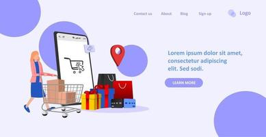 Landing web page template for online shopping app .Woman pushing cart Vector illustration