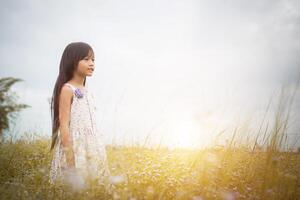 Little cute asian girl walking among the purple flower field, freedom enjoy concept. photo