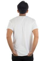 Back of young man with white t-shirt, Isolated on white background. photo