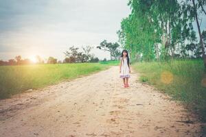 Little girl with long hair wearing dress is walking away from you down rural road. photo