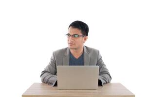 Portrait of  businessman with laptop isolated on white background. photo