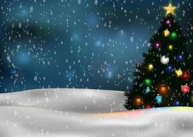 Christmas tree and decorations on winter background vector