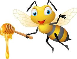 Cute bee holding honey dipper vector