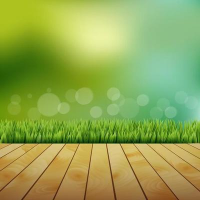 Fresh spring green grass with bokeh and sunlight and wooden floor