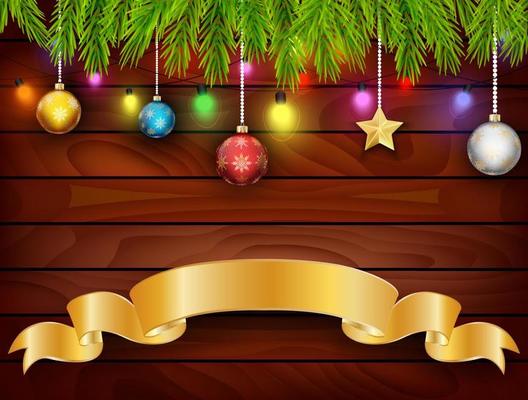 Planked wood with Christmas ornament  and golden banner