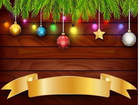 Planked wood with Christmas ornament  and golden banner