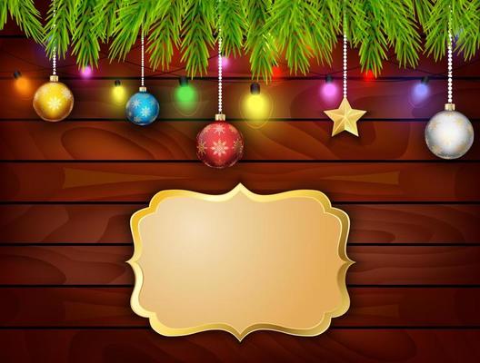 Planked wood with Christmas ornament  and golden banner