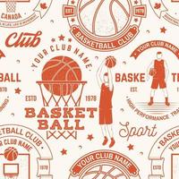 Basketball club seamless pattern or background. Vector. Seamless sport pattern with basketball ball, basket, hoop and player silhouette. Basketball sport club texture. vector