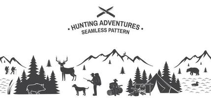 Set of Hunting adventures seamless pattern. Vector. Outdoor adventure background for wallpaper or wrapper. Seamless scene with hunting gun, boar, hunter, bear, deer, mountains and forest. vector