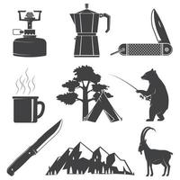 Set of Hiking and Camping icons isolated on the white background. Vector. Set include fishing bear, mountains, knife, tent, cup, coffee, goat, gas stove and forest silhouette vector