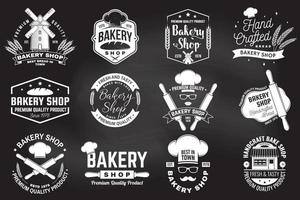 Set of Bakery shop badge on the chalkboard. Concept for badge, shirt, label, stamp. Design with windmill, rolling pin, dough, wheat ears silhouette. For restaurant identity, packaging menu vector