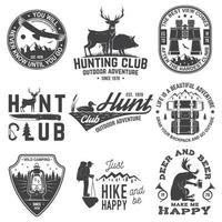 Set of hunting club and outdoor adventure quotes. Vector. Concept for shirt or logo, print, stamp, tee. Vintage design with backpack, binoculars, mountains, deer, tent, lantern and forest silhouette vector