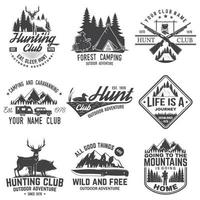 Set of hunting club and hiking club badge. Vector. Concept for shirt, logo, print, stamp. Vintage design with rv trailer, camping tent, boar, deer and forest silhouette vector